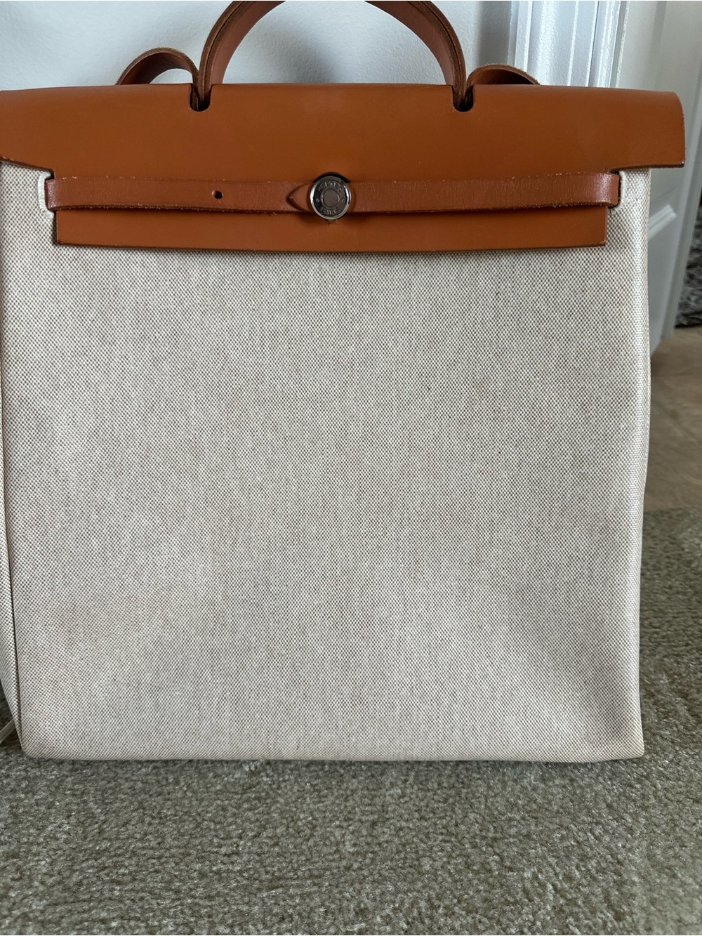 Hermes Beige Canvas Tote with Tan Leather Trim